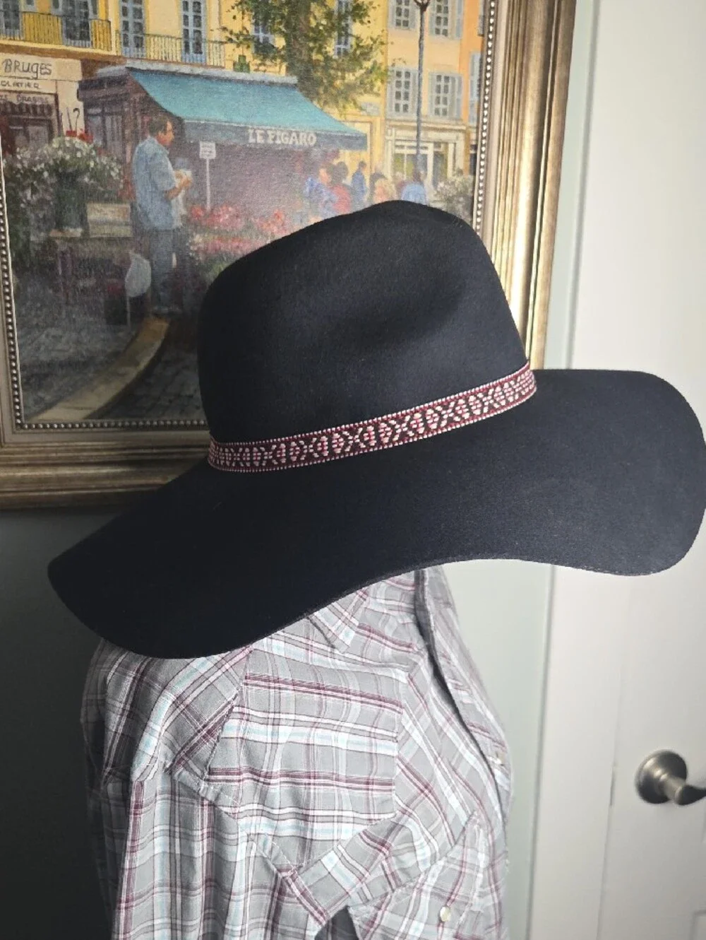 American Eagle Black Wide-Brim Hobo, Cowboy Hat with Patterned Band 100% Wool